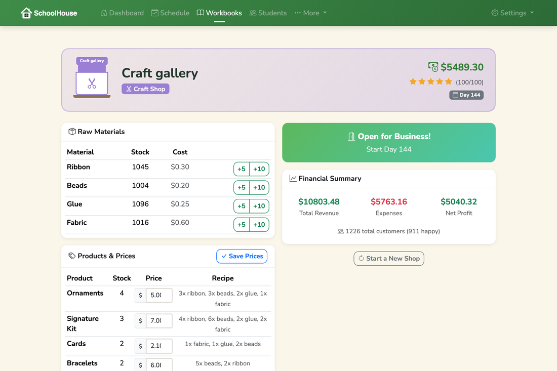 The SchoolHouse business simulator: a shop dashboard with inventory, pricing, and customer activity.