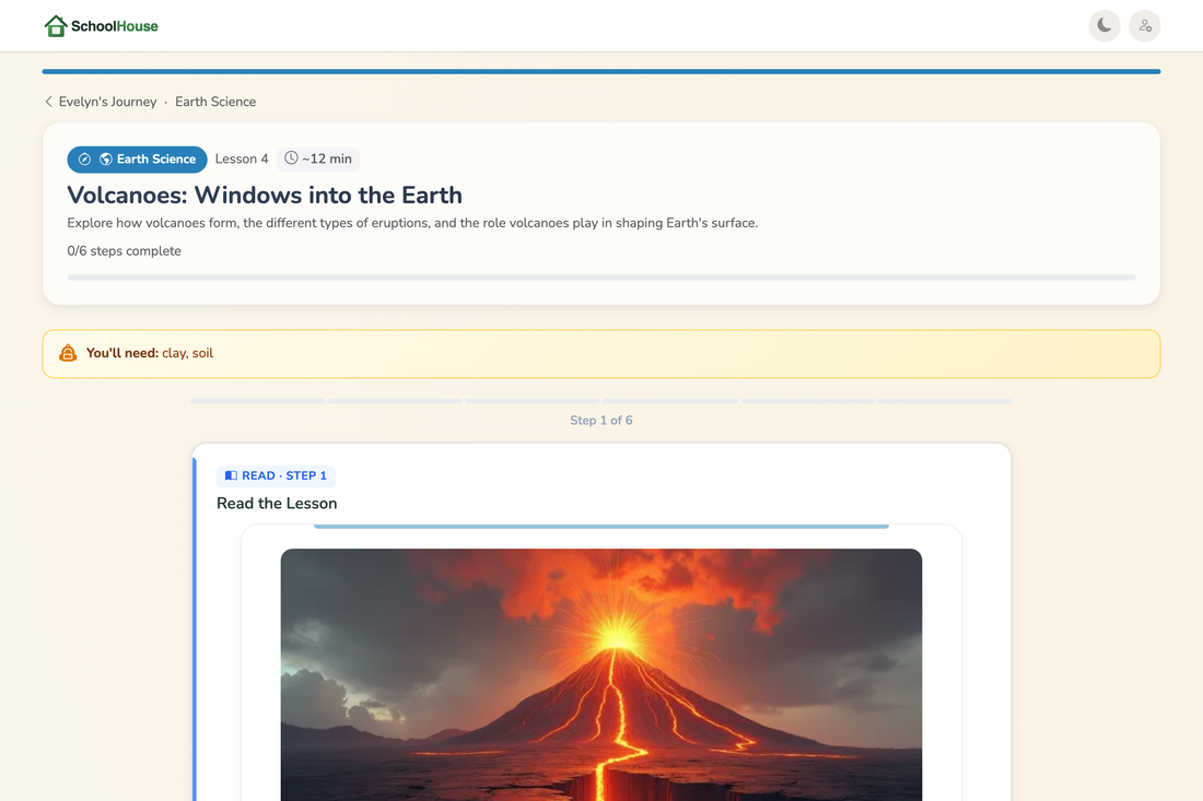 A SchoolHouse interactive lesson page with a teaching passage and questions.